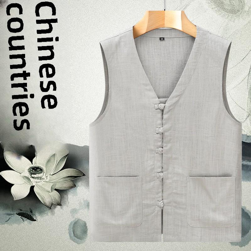 Men's Summer Linen Tang Suit Vest - Lightweight, Loose Fit, Sleeveless, Perfect for Middle-aged and Elderly.
