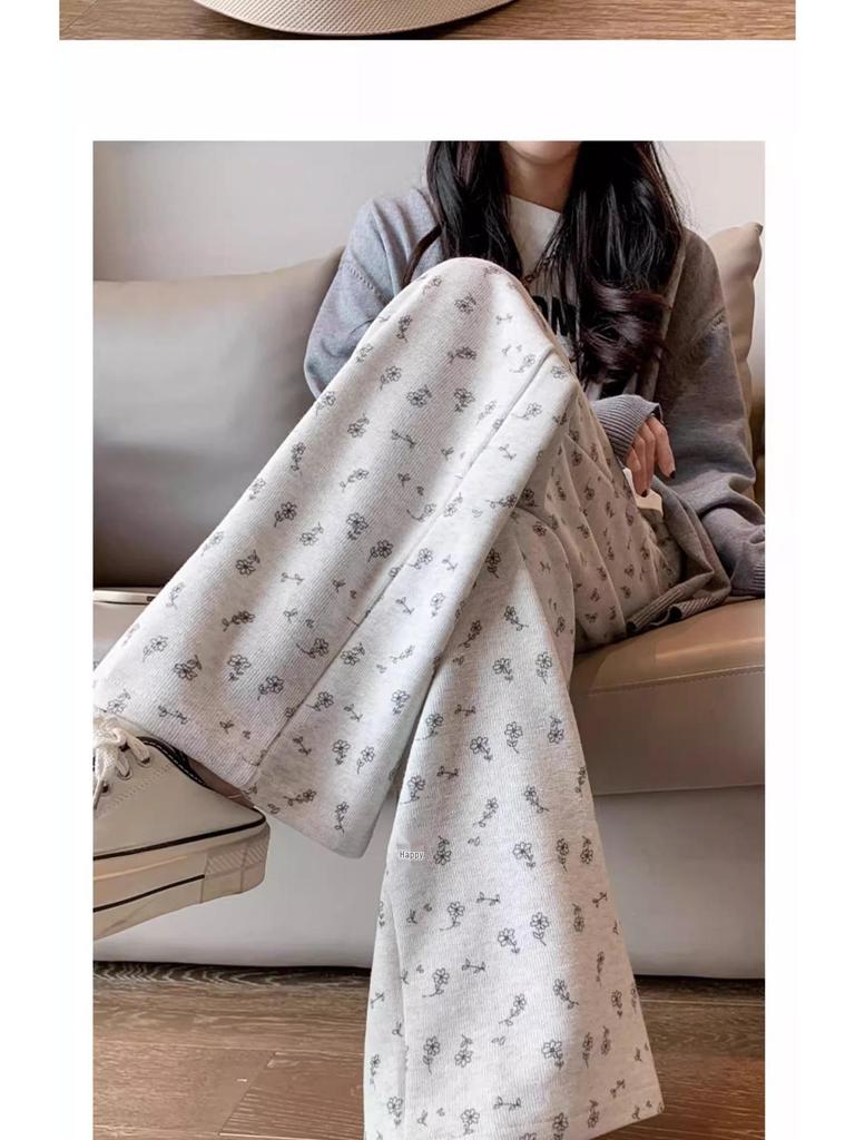 Petite White Floral Women's Summer Sweatpants, Thin Wide-Leg Loose Fit Joggers, XS