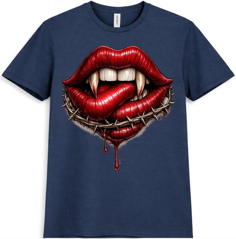 Vampir Lippen T-Shirt Gothic Reißzähne Horror Blut Tattoo Stil Halloween Tee