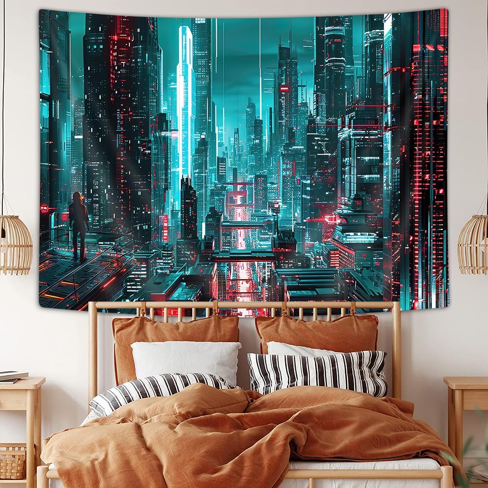 Cyberpunk City Wall Tapestry Neon Urban Art Sci Fi Landscape Bedroom Decor Futuristic Cityscape Hanging Tech Design
