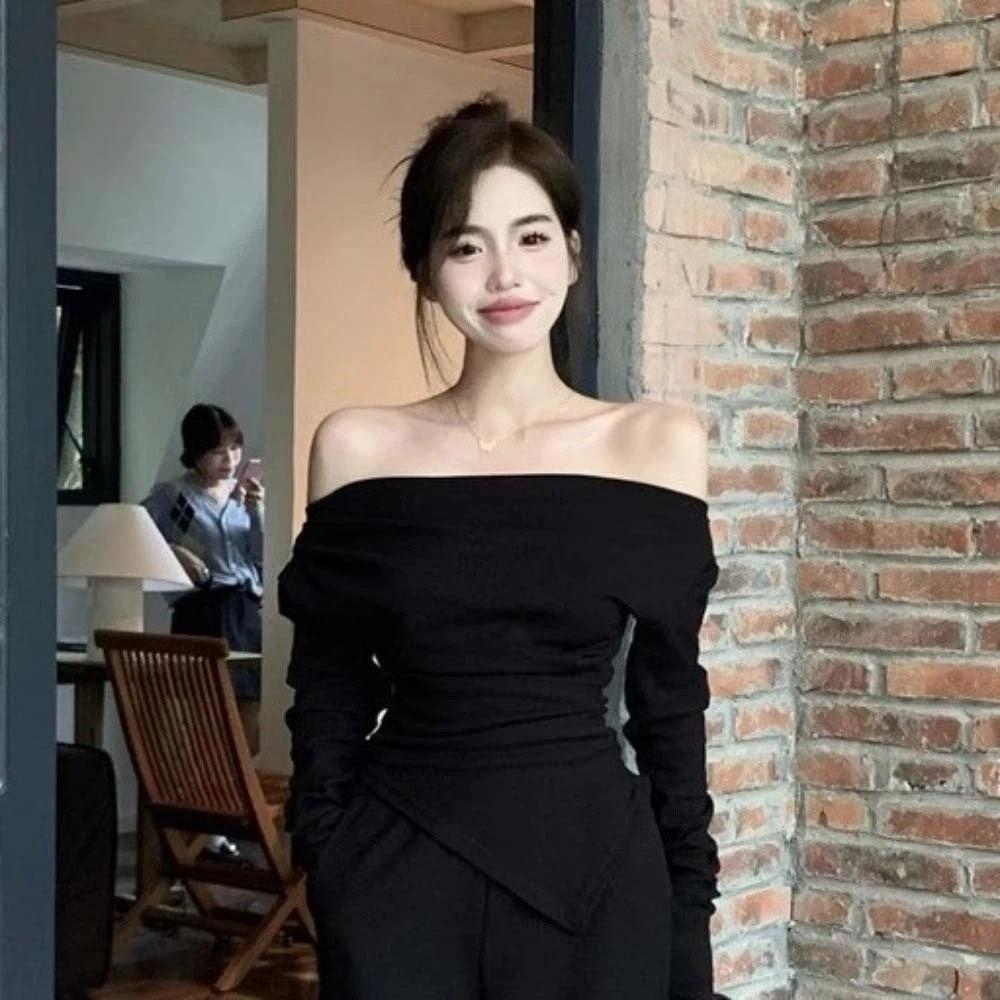 Korean Y2K Ins Bottoming T-shirt Off-shoulder Long Sleeve Tops  Spring Autumn Winter