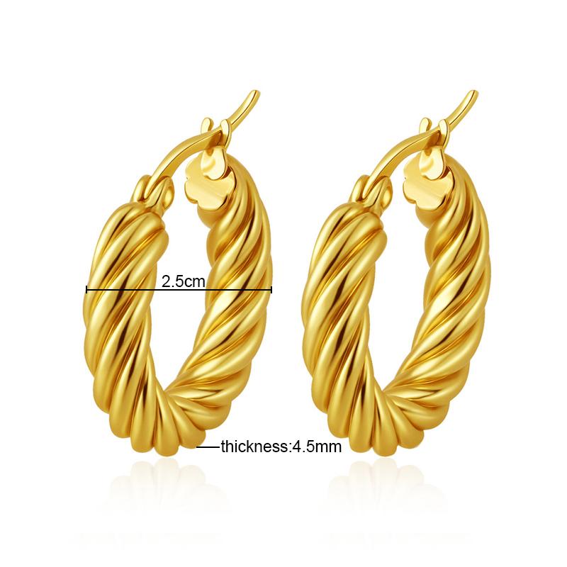 Classic Fashion Round Stainless Steel Twist Hoop Earrings For Women 4.5mm Thick Ear Buckle Gold Copper Color Earrings Zircon