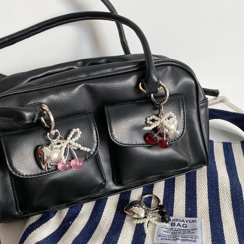 3D  Cherry Keychain Pearl Bow Silver Heart Pendant Keyring Women'S Bag Accessories Gifts