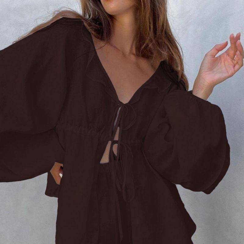 

French style Casual Style Fashion Cotton Linen Set Puff sleeve Top Shorts Set Shirt and Shorts Set Coffee L