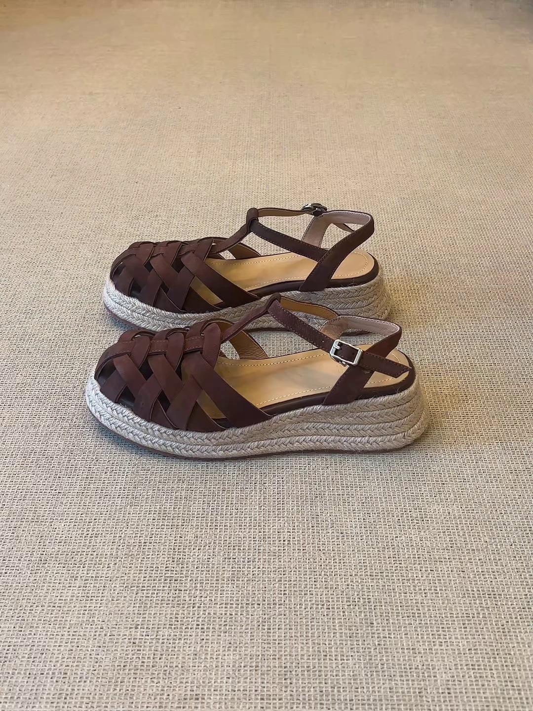 

Sheepskin version~ New summer retro style cross strap bag head wedge heel not tired feet sandals outer wear women 40 темно-коричневого