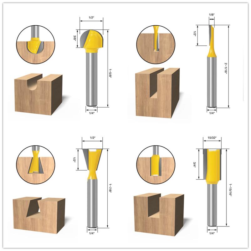 15 bucăți freză dreptă de tăiat pentru bucăți din lemn de tăiere din carbură de tungsten pentru prelucrarea lemnului Set de freză de 1/4 inch 8 mm