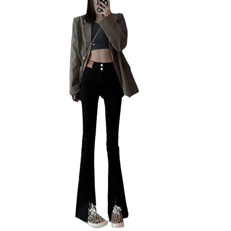 High-Waisted Black Flared Women's Slit Jeans, Slim Fit for Spring & Autumn 2023