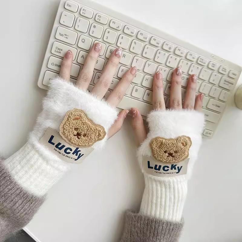 Lucky Bear Kids' Half-Finger Plush Gloves - Cute, Warm & Mobile-Friendly
