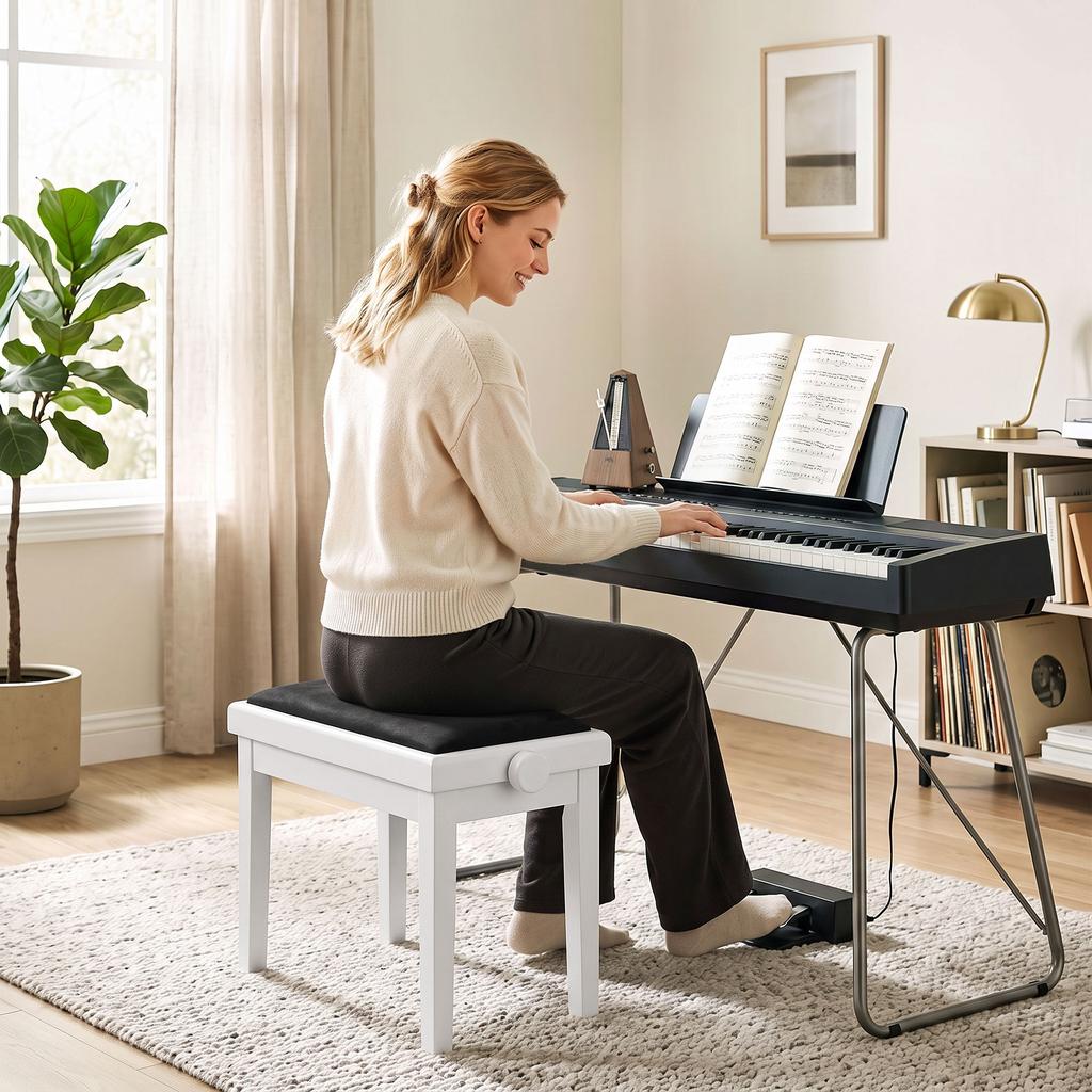 Piano Bench Height-Adjustable Piano Stool with Padded Cushion, Velvet Look, Legs Made of Rubberwood White