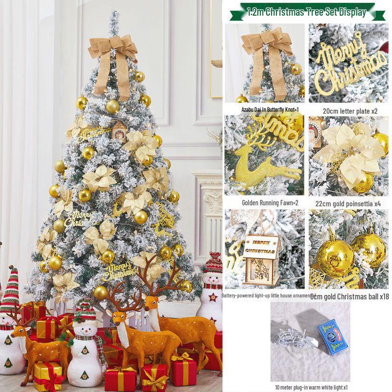 Golden Christmas Tree Set with Ornaments: 1.5m, 1.8m, 2.1m Flocked Pine with White Snow