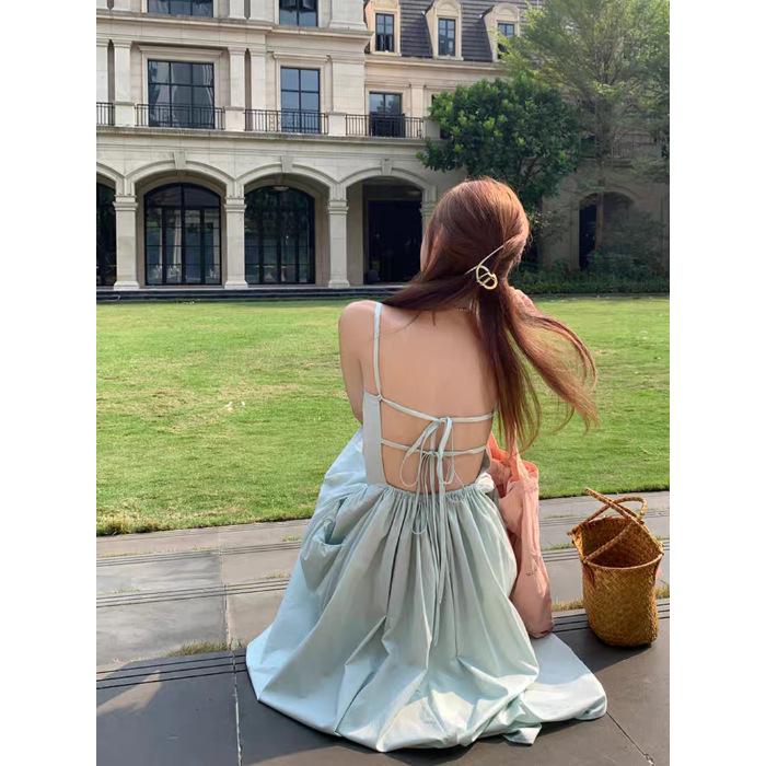 Women's Seaside Summer Backless Bandage Beach Dress with French Slip Design