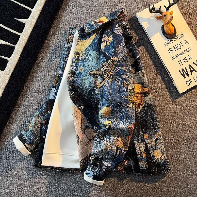 Van Gogh Ölgemälde Herren Retro Jacke - Trendige Kunst-inspirierte Frühling/Herbst Jacquard Oberbekleidung für Studenten M gray