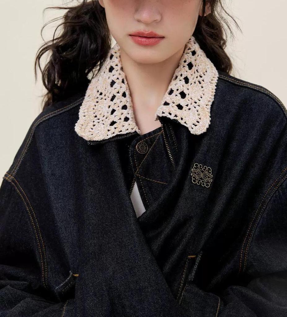 In Stock: Romantic Lace Denim Jacket with Detachable Knit Collar and Bud Hem - Girlish Style for Autumn