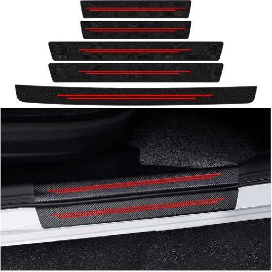5PCS Car Door Sill Protector for 2024 2025 Dodge Hornet, Carbon Fiber Textured Leather Door Sill Guard Decoration Stickers Waterproof Door Threshold