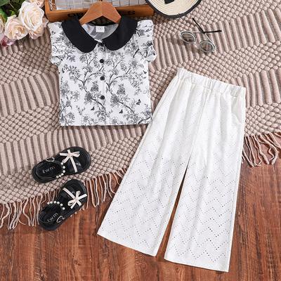Girls Fashion Set Summer Children's Casual Hollow-out Wide-leg Pants Floral Short-sleeved Shirt Two Sets