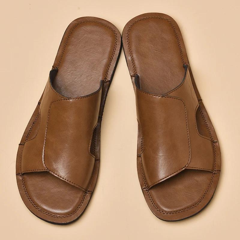 Fashion Fashion Men All-match Soft Bottom Sandals Solid Color Open Toe Genuine Leather Sandals2025New Slippers Beach Flat Designer Shoes