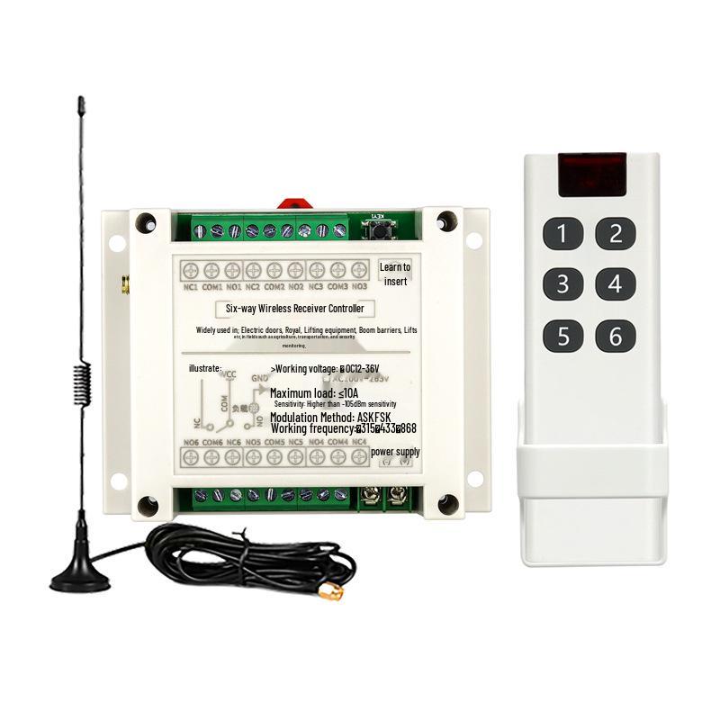 12V/24V Wireless 6-Channel Remote Switch with 10A Relay for Industrial Control 433MHz