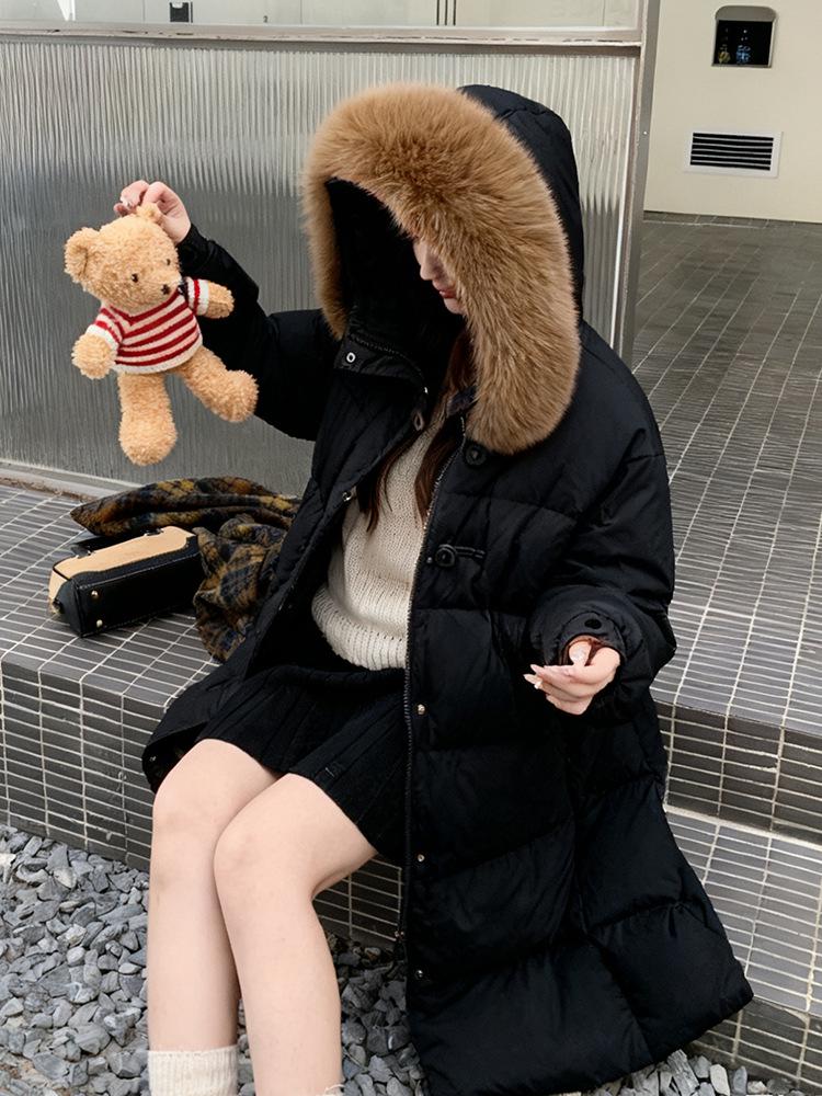2026 Plus Size Women's Long Thickened Down Jacket with Fox Fur Collar, 200 Jin Capacity, Loose Fit, Extra Long Style