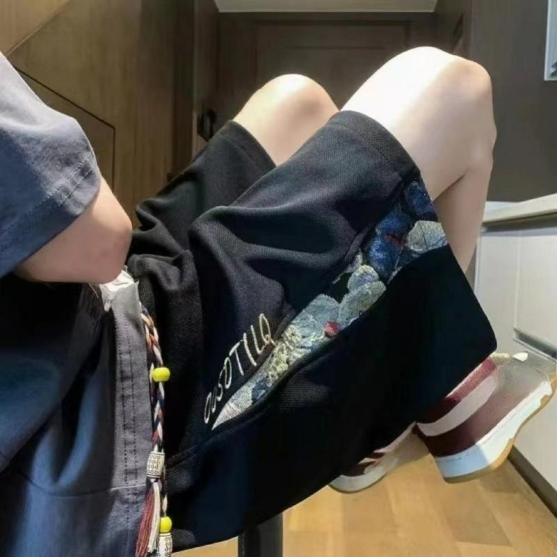 Shorts Men's Summer Tide Brand Ruffian Handsome Stitching Embroidery Sports Pants Large Size Loose Straight Casual Five-point Pants