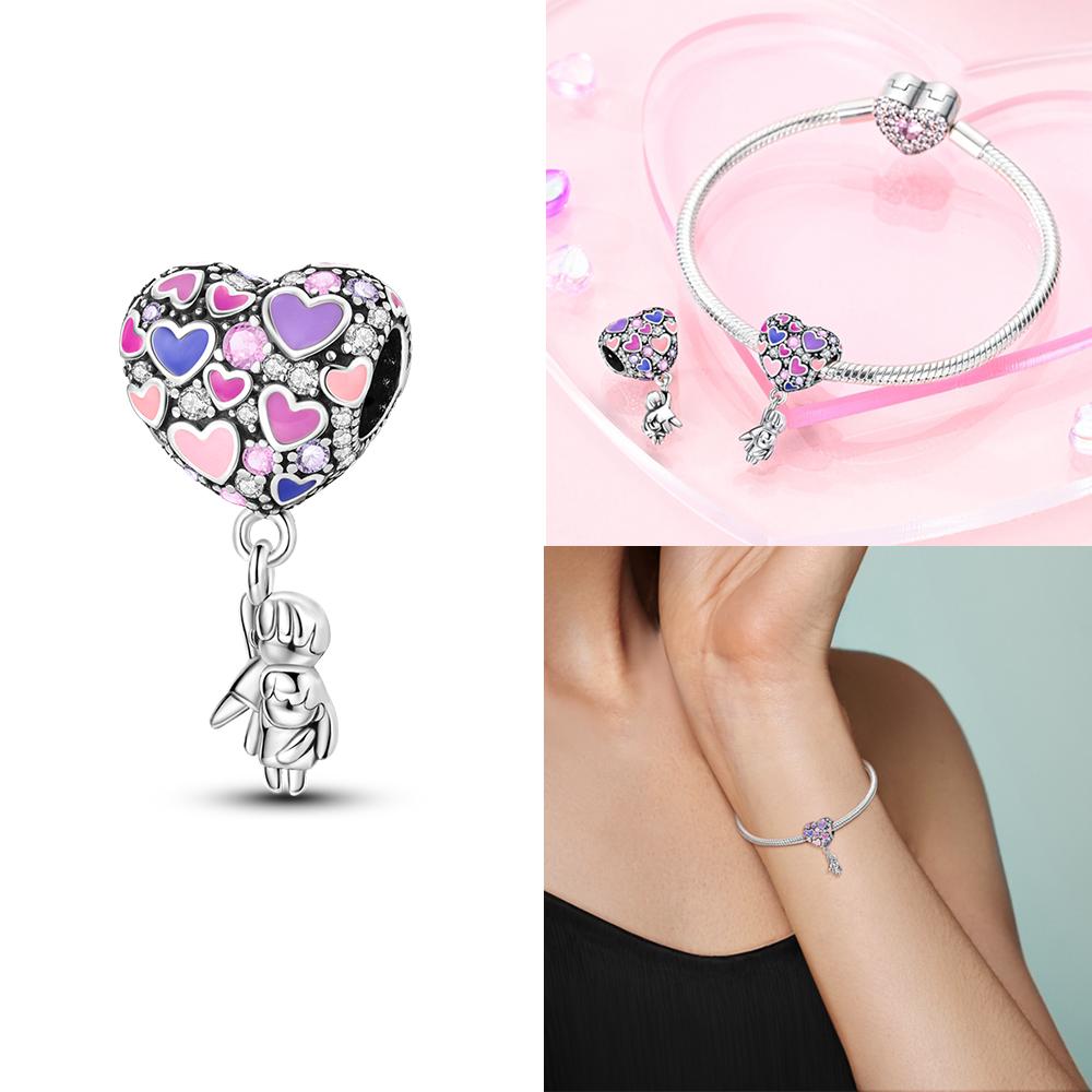 Rose Gold Pink Zircon Love Heart Beads Fit Bracelet Charms Copper Original Jewelry Women Diy Accessories