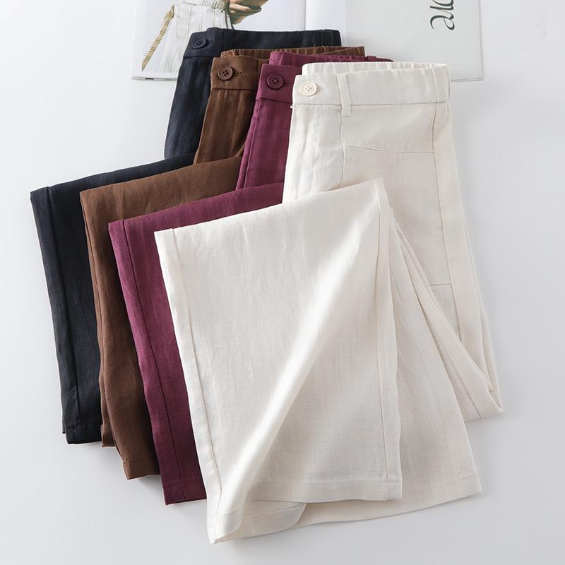 Women's Wide-Leg Brown Cotton Linen Pants - Summer 2025 Collection: Thin, Loose, Casual, Straight-Leg Trousers for Petite Sizes