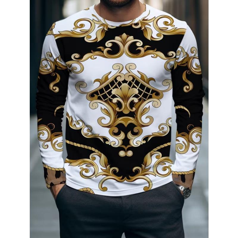 Men's casual printed long-sleeved round-neck T-shirt, a casual round-neck shirt suitable for outdoor work attire