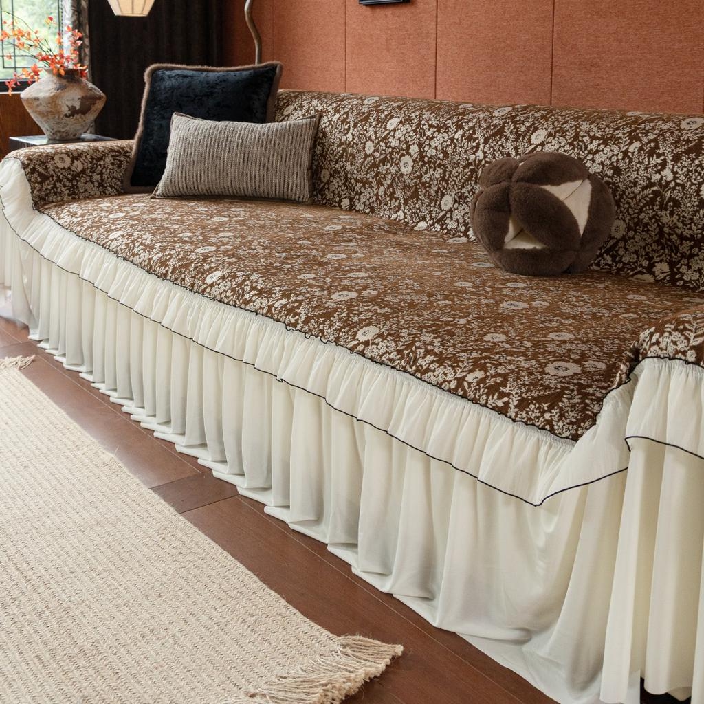 1pc Floral Jacquard Ruffle Hem Sofa Cover, Elegant Chenille Fabric, All-Season Machine Washable, Fits 1-4 Seater
