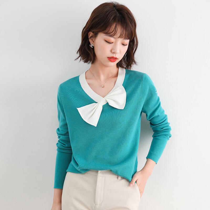 French Chic V-Neck Bow Knit Top L