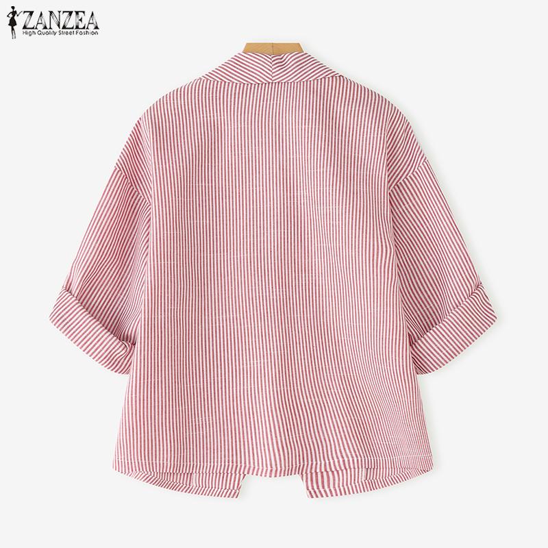 ZANZEA Women Casual Turn Down Collar Long Sleeve Stripe Print Cardigan Blouse