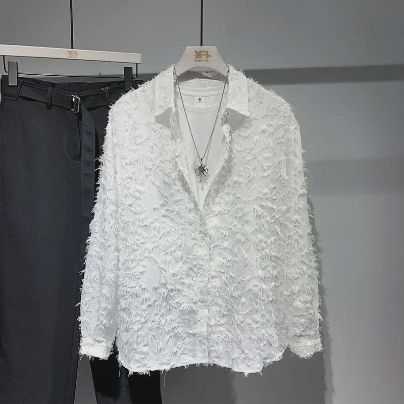 Camisa de Manga Larga de Verano para Hombre 2024 con Solapa de Lujo y Acento de Piel
