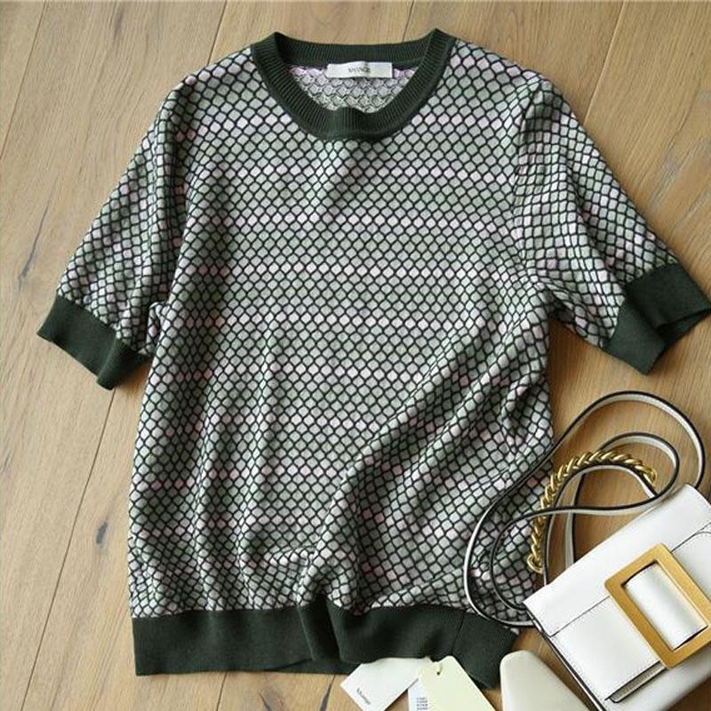 Stylish Geometric Plaid Knitted T-shirt Contrasting Colors Summer Loose Short Sleeve Female Clothing Round Neck Korean Pullovers