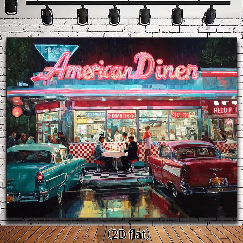 

2D Retro American Diner Backdrop, Classic Restaurant with Neon Lights Background Cloth 47.2x31.5inch/120*80cm