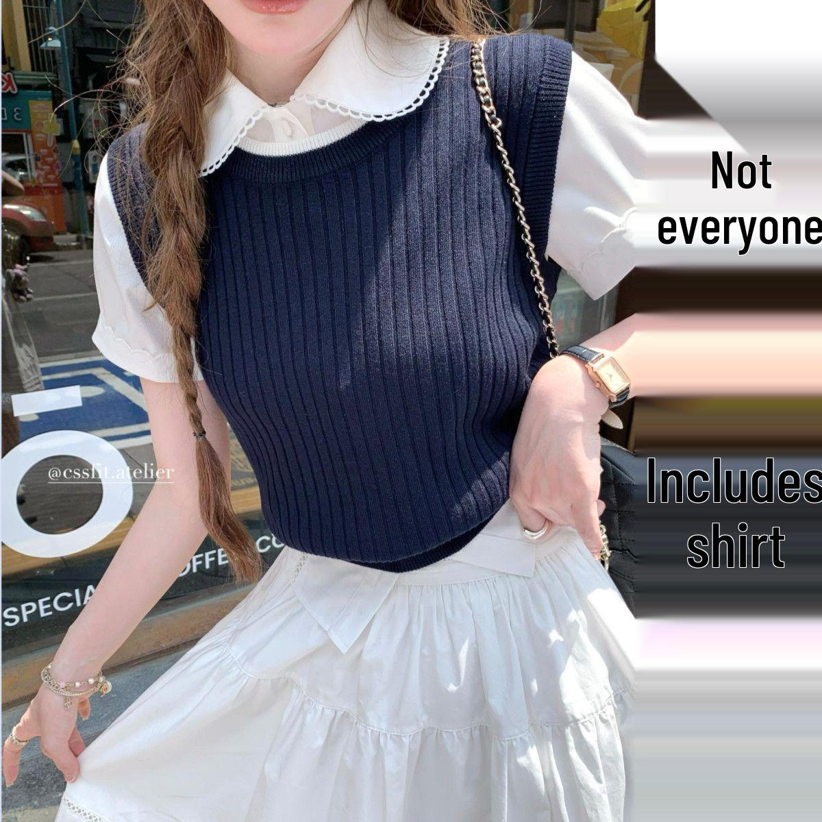 

Plus Size Women s Summer Embroidered Shirt, Knit Vest & High-Waisted Skirt Slimming Set S [up to 95 lbs recommended]