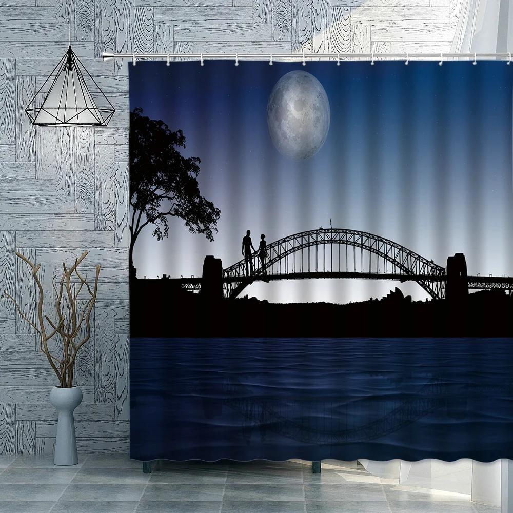 Romantic Lover Shower Curtains Moon Couple Waterproof Polyester Fabric Bathroom Curtain 3D Valentine's Day Decoration