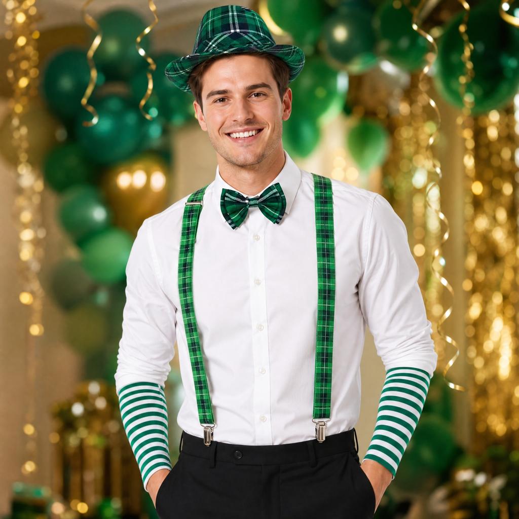 St. St. Patrick's Day Grønt Rutete Festsett med Hatt, Slips, Armbånd og Bukseseler