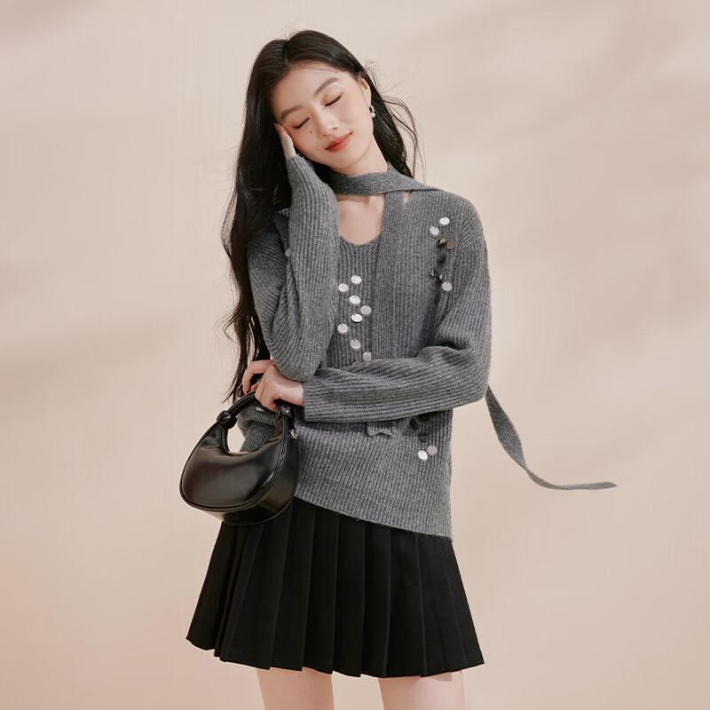 Zhang Yuxi Style Women s V-Neck Knit Sweater with Sequins & Streamers S
