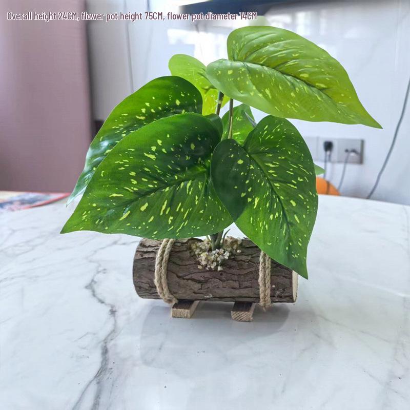 Creative Wooden Basin with Artificial Green Plant Bonsai Ornament for Display and Decoration.