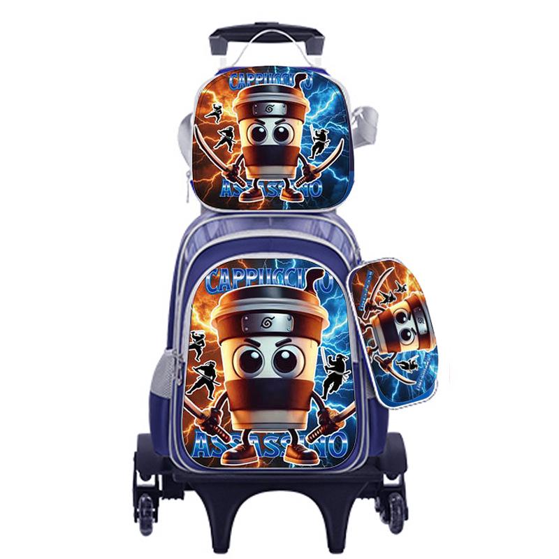 Cute Cartoon Double-Shoulder Backpack with Two-Wheel and Six-Wheel Options, 3-Piece Set for Primary School Students