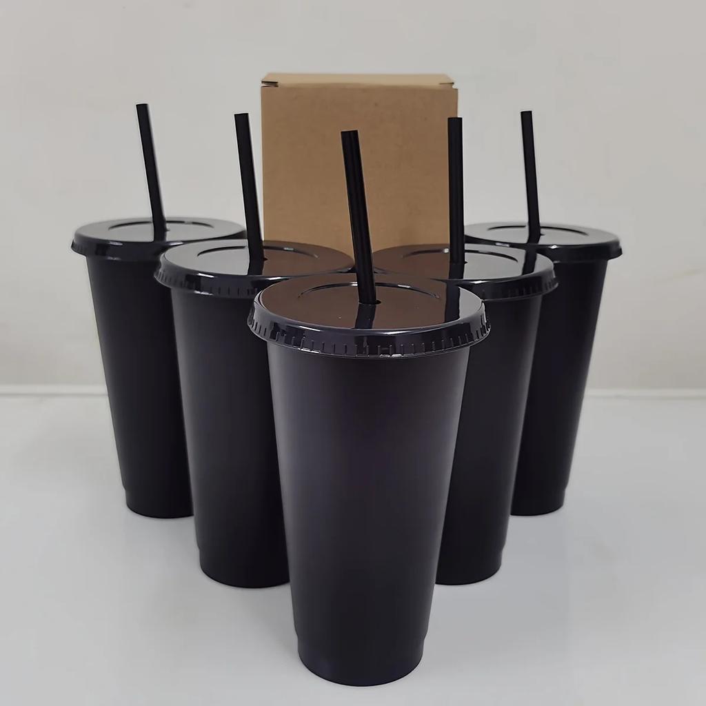 5 Stück 24oz Transparente Wiederverwendbare Becher mit Schwarzen Deckeln und Strohhalmen Eiskaffee Wasserflasche Kalte Smoothie-Becher Für Partys Getränk