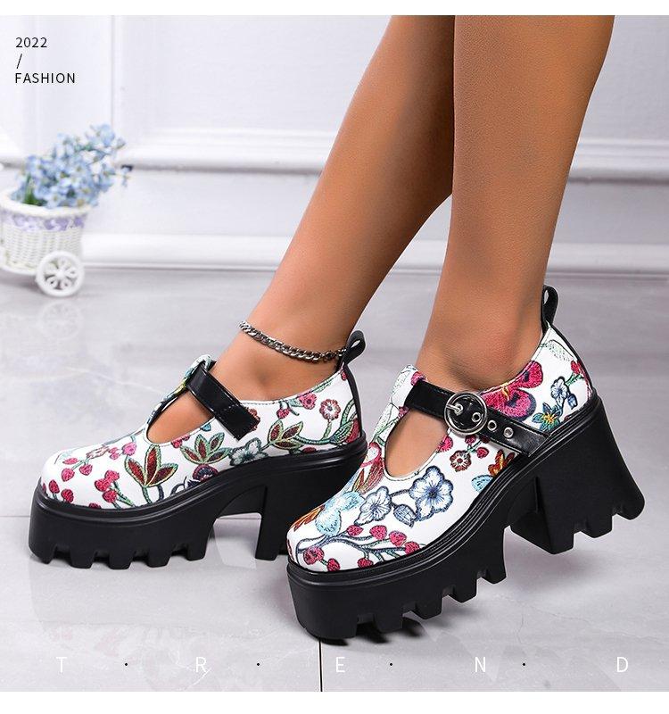 Spring and Autumn New Fashion Retro Printed Small Leather Shoes Women's Comfortable Versatile Thick Sole Thick Heels Shoes Mujer
