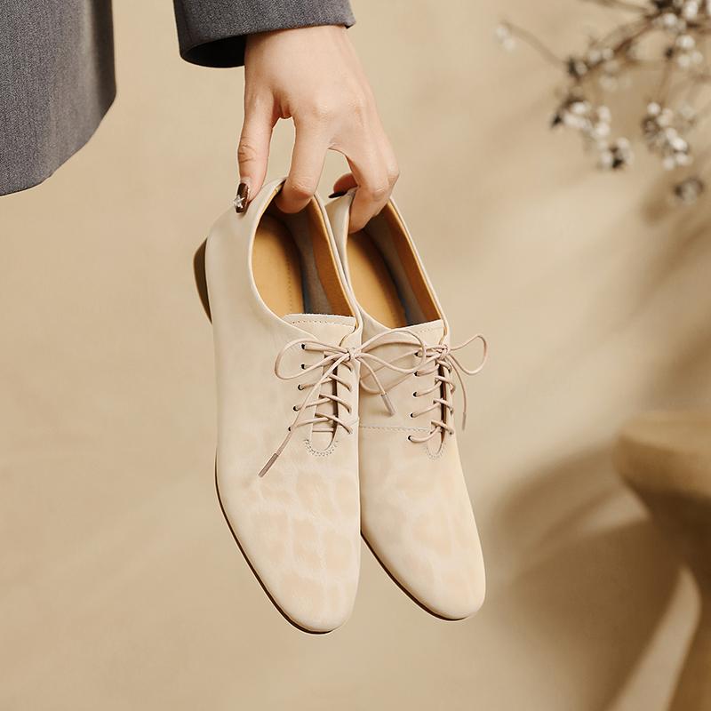 Moda 2025 Vintage Panterka Damskie Szpilki Wiosna Okrągły Nosek Grube Obcasy Dojrzałe Buty Kobieta Skóra Naturalna Sznurowane Podstawowe Biuro Pani