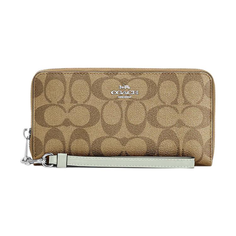 New COACH Zip Around Coated Canvas With Leather Card Holder, Wallet Regular Women's Light Khaki C4452-SVV7Q