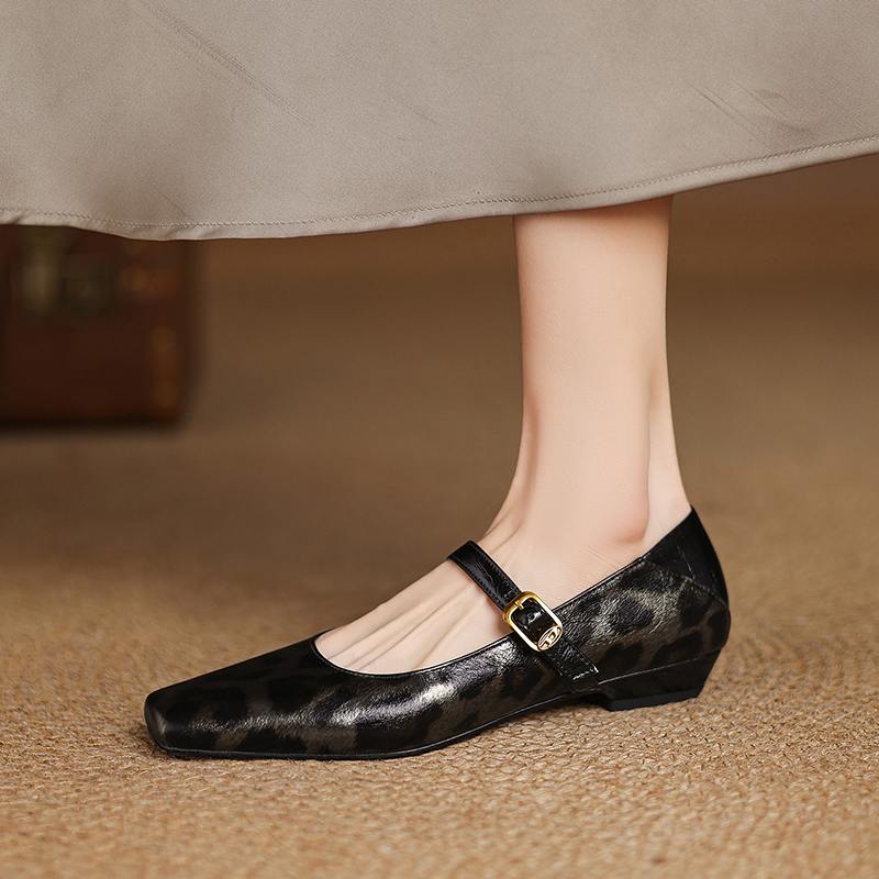 Krazing Pot Cow Skin Spring Summer Size 41 Thick Low Heels Women Square Toe Leopard Metal Buckle Shallow Pumps