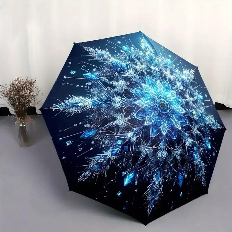 

Automatic Open/Close Umbrella with a Wind-Resistant 8-Rib Frame - Compact Folding Umbrella Featuring an Elegant Blue Snowflake