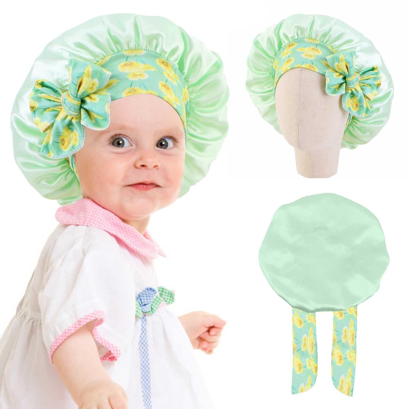 

Elastic Headband Satin Sleep Cap Kids Bow Tie Baby Satin Round Cap Hair Care Cap Solid Color Shower Cap One Size