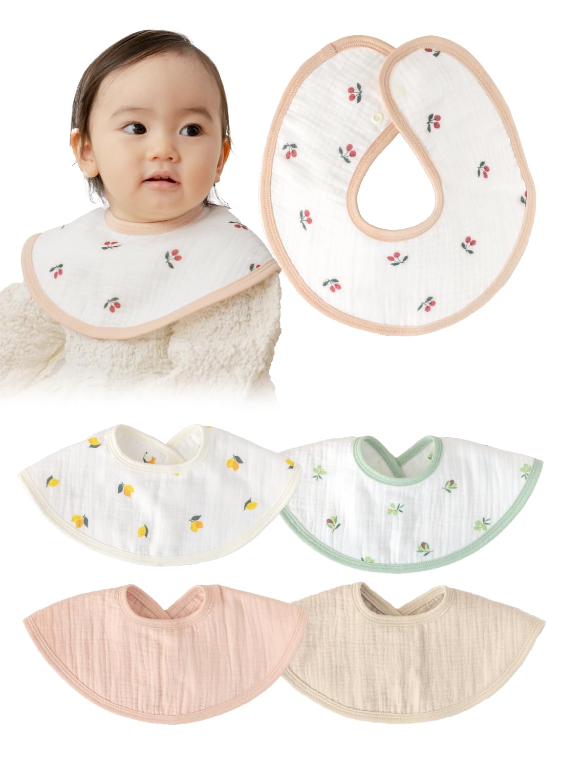 

Keratta Ibul Bamboo Bibs, Large, for Boys and Girls, 360° Viewing, Set of 5 (a. Fruit Set)