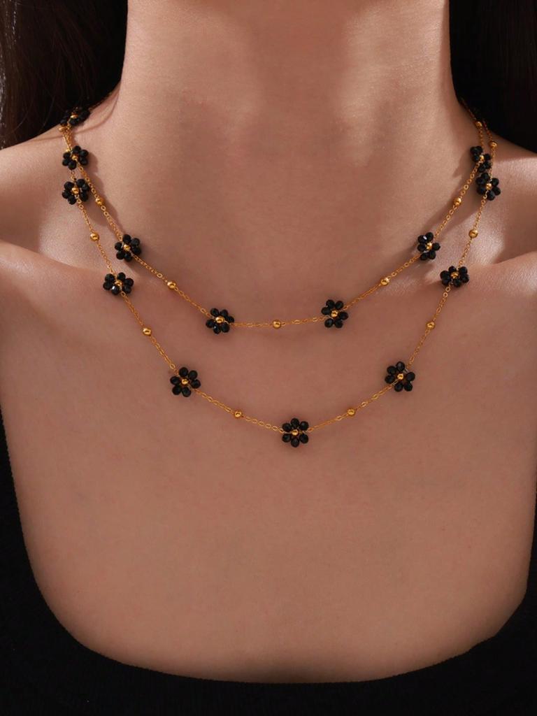 1 Set Vintage British Style Stainless Steel Zircon Set with Natural Stone Beads and Flower Decoration, Women's Zircon Gift