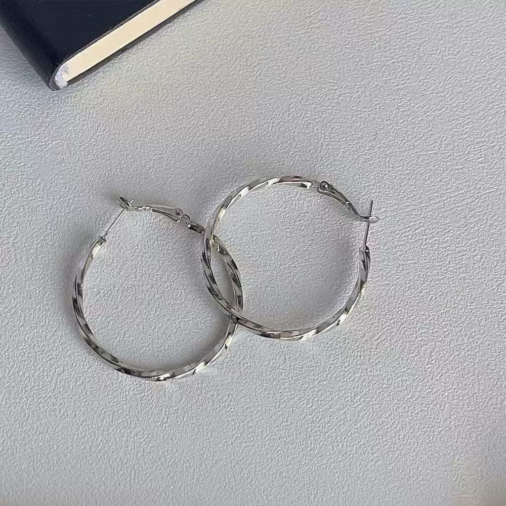 Geometric Hoop Earrings Women 50MM Silver Twist Metal Round Circle Big Dangle Earrings Trendy Jewelry Party Birthday Gift