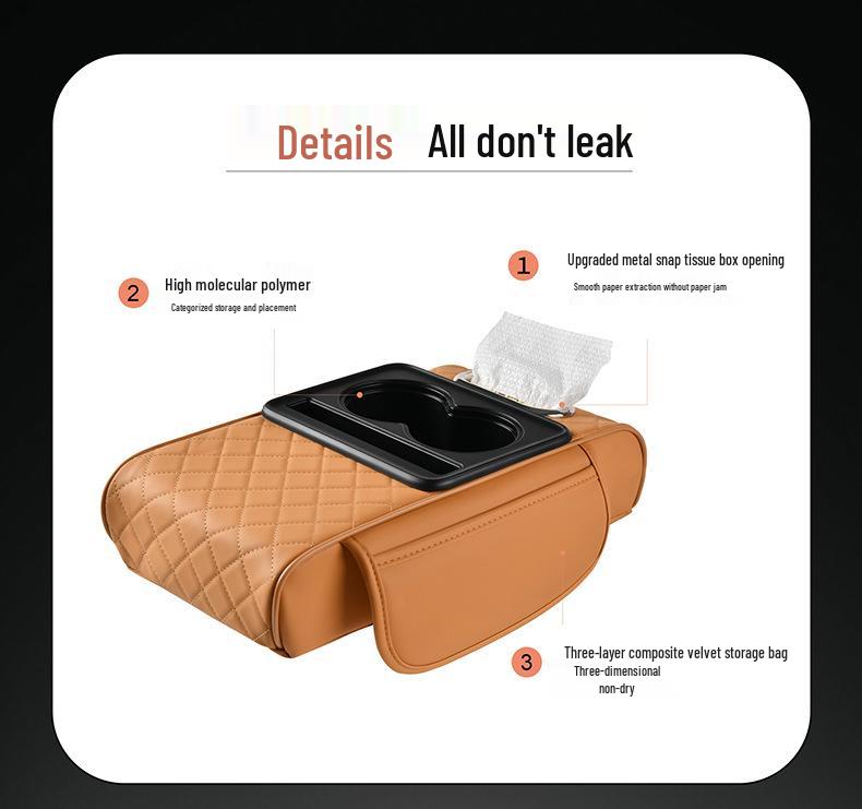 Nappa Leather Car Armrest Storage Pad with Double Cup Holders & Phone/Tissue Slots