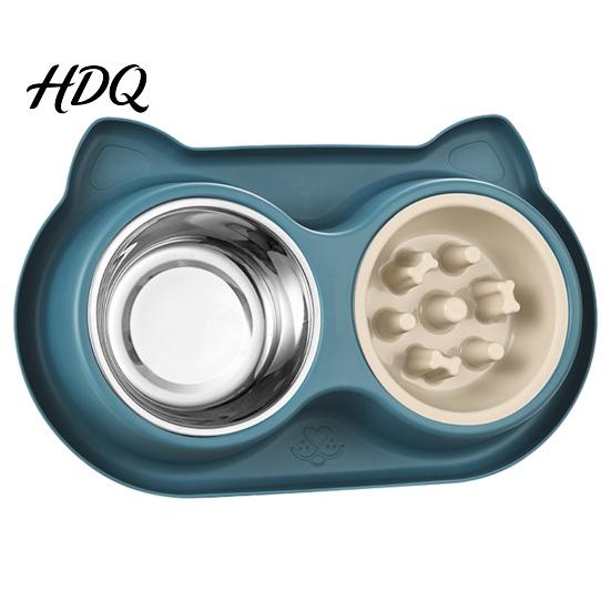 Anti-choke Pet Bowl Double Bowls Feeder Slow Feeder And Stainless Steel Bowl синий